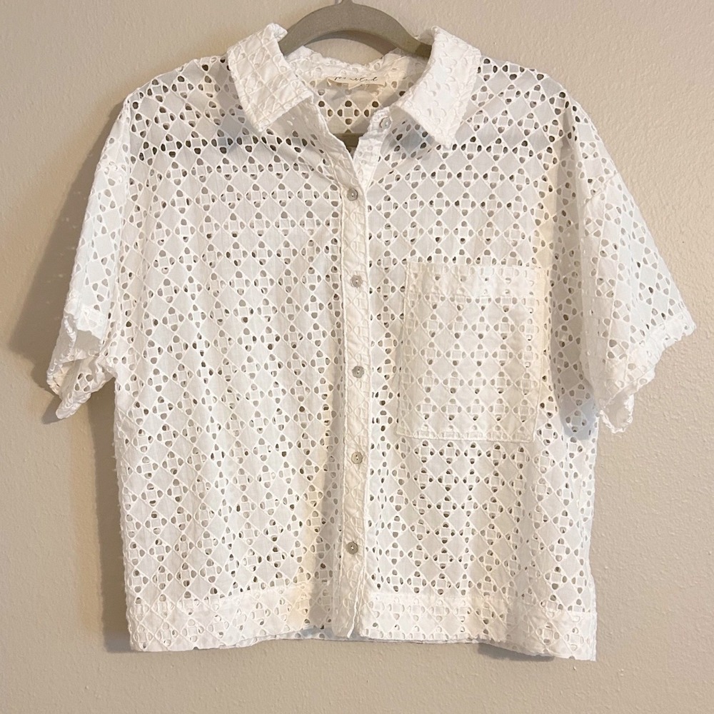 Marled White Eyelet Button Up Short Sleeve Shirt‎ Top Women Size L